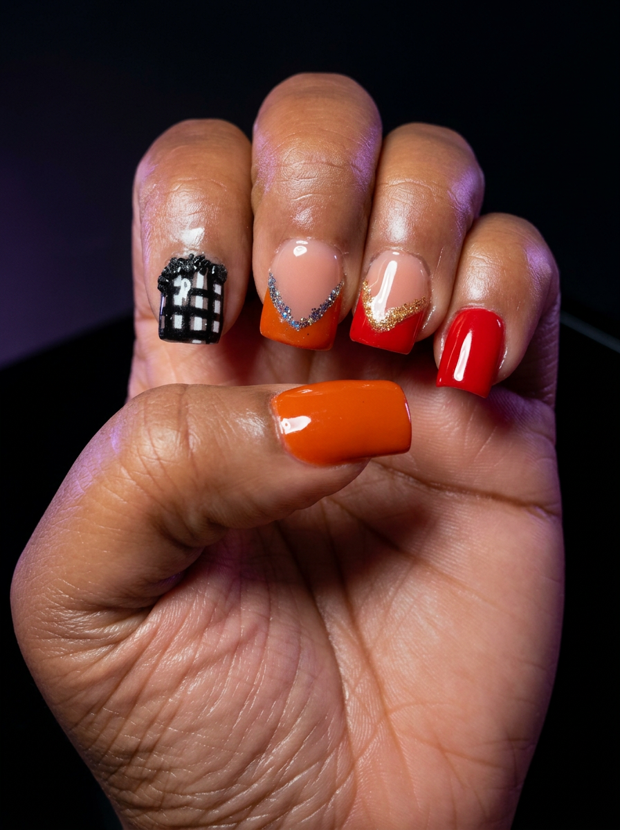 Custom orange and red nail set with glitter details on a black studio backdrop